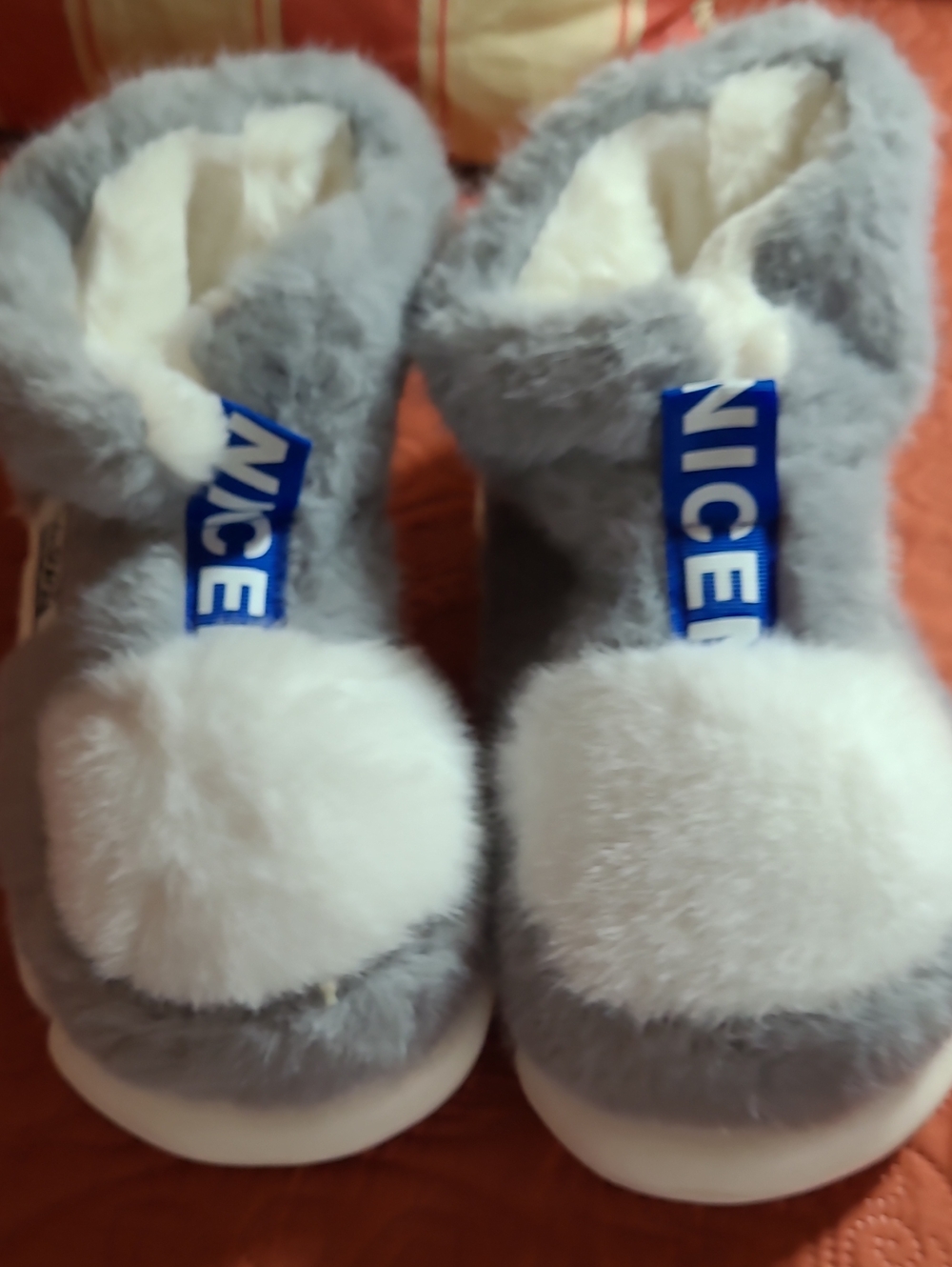 Women's Grey Faux-Fur Pom Slippers with White Pom - NICE Tag